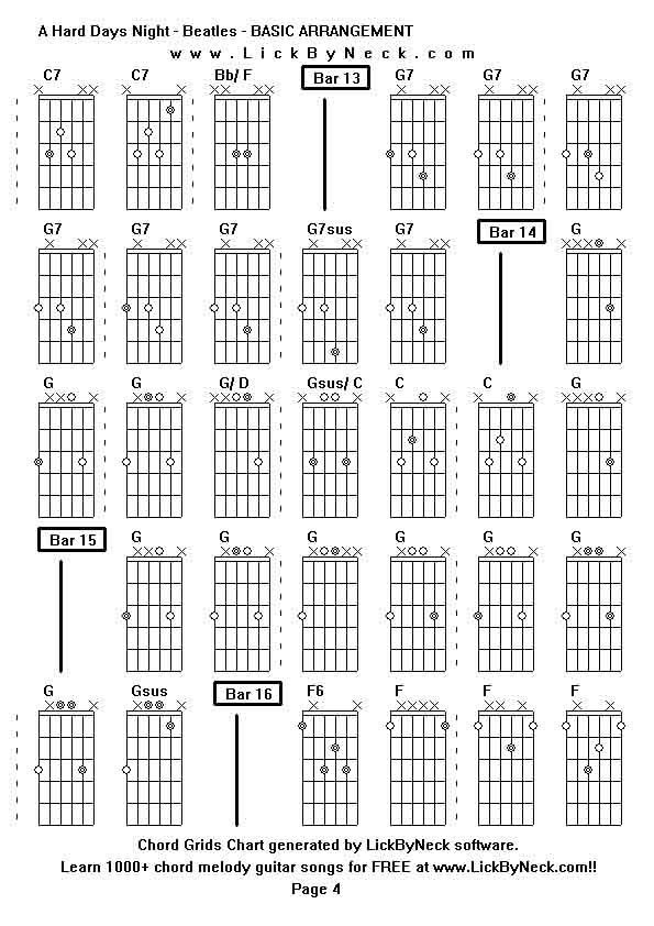 Chord Grids Chart of chord melody fingerstyle guitar song-A Hard Days Night - Beatles - BASIC ARRANGEMENT,generated by LickByNeck software.